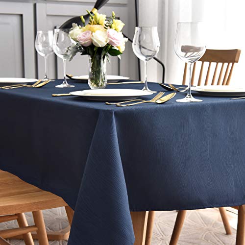 maxmill Jacquard Table Cloth Waving Pattern Water Proof Wrinkle Free Heavy Weight Soft Tablecloth Decorative Fabric Table Cover for Outdoor and Indoor Use Rectangular 60 x 104 Inch Navy Blue