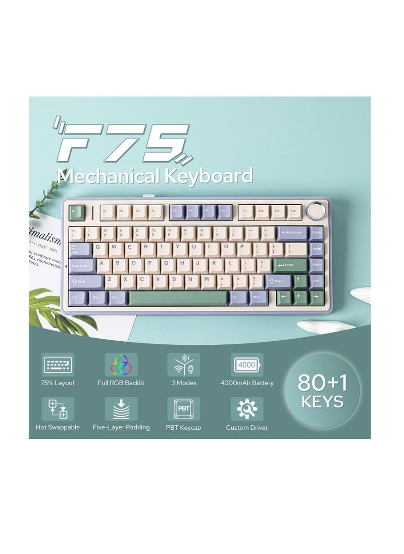 AULA F75 Gasket Mechanical Keyboard, 75% Wireless Hot Swappable Gaming Keyboard with Five-Layer Padding&Knob, Bluetooth/2.4GHz/USB-C, RGB (Green, LEOBOG Reaper Switch)