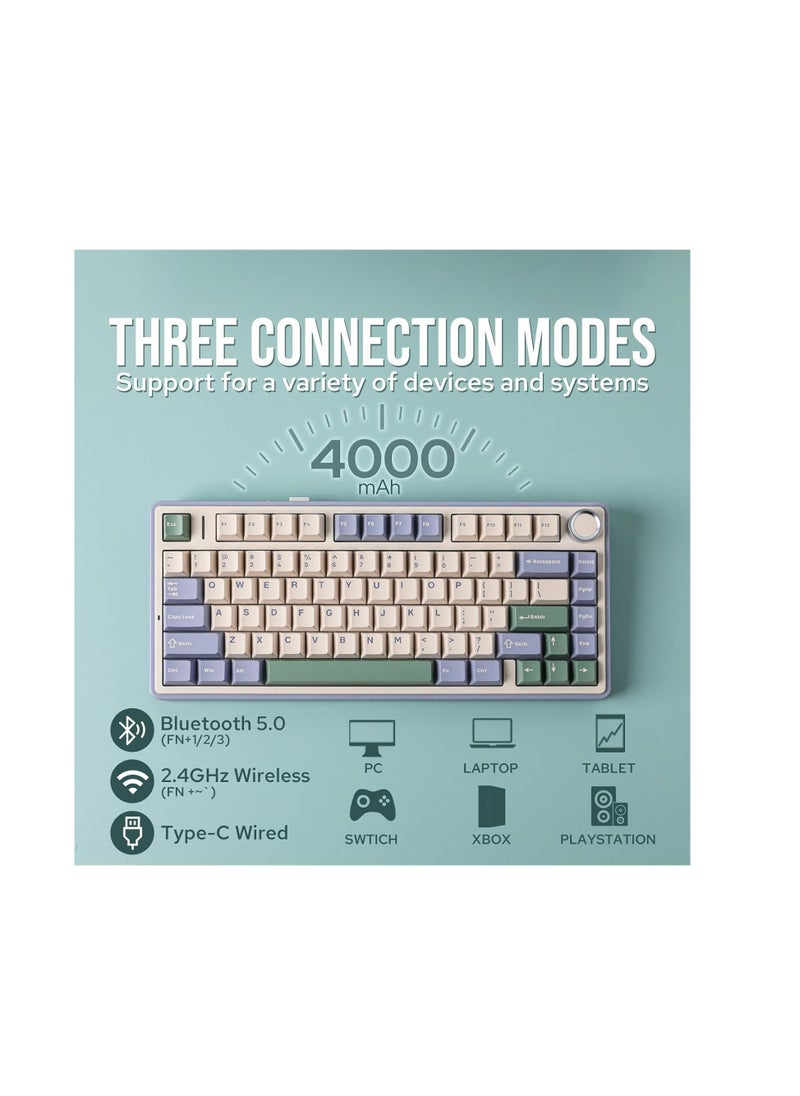 AULA F75 Gasket Mechanical Keyboard, 75% Wireless Hot Swappable Gaming Keyboard with Five-Layer Padding&Knob, Bluetooth/2.4GHz/USB-C, RGB (Green, LEOBOG Reaper Switch)