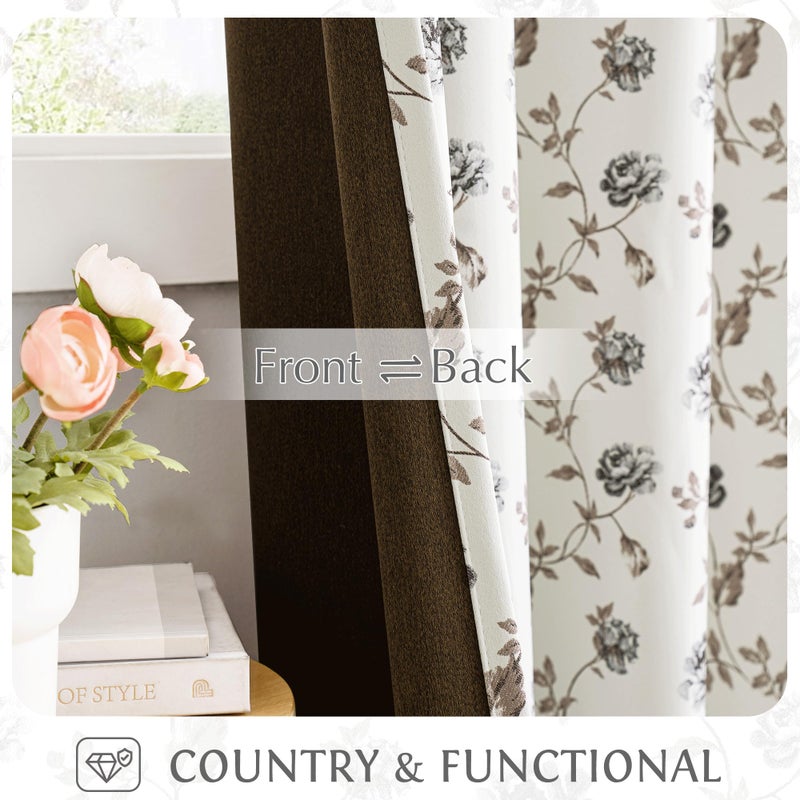 Beauoop Floral 100% Blackout Curtains 84 Inches Long 2 Panels for Bedroom Living Room Grey Brown on Beige Vintage Rose Flower Patterned Room Darkening Thermal Soundproof Grommet Window Drapes, 52X84 - Image 3