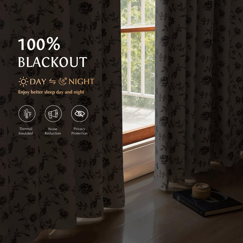 Beauoop Floral 100% Blackout Curtains 84 Inches Long 2 Panels for Bedroom Living Room Grey Brown on Beige Vintage Rose Flower Patterned Room Darkening Thermal Soundproof Grommet Window Drapes, 52X84 - Image 2
