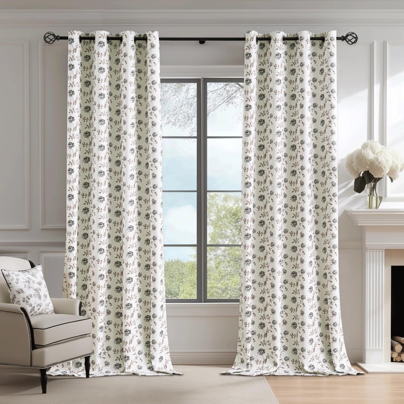 Beauoop Floral 100% Blackout Curtains 84 Inches Long 2 Panels for Bedroom Living Room Grey Brown on Beige Vintage Rose Flower Patterned Room Darkening Thermal Soundproof Grommet Window Drapes, 52X84 - Image 4