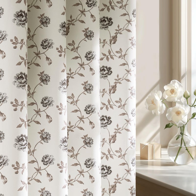 Beauoop Floral 100% Blackout Curtains 84 Inches Long 2 Panels for Bedroom Living Room Grey Brown on Beige Vintage Rose Flower Patterned Room Darkening Thermal Soundproof Grommet Window Drapes, 52X84 - Image 1