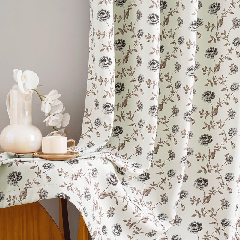 Beauoop Floral 100% Blackout Curtains 84 Inches Long 2 Panels for Bedroom Living Room Grey Brown on Beige Vintage Rose Flower Patterned Room Darkening Thermal Soundproof Grommet Window Drapes, 52X84 - Image 5