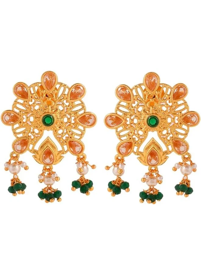 فويلا Abharan Pink and Green Stones Floral Stud Earrings