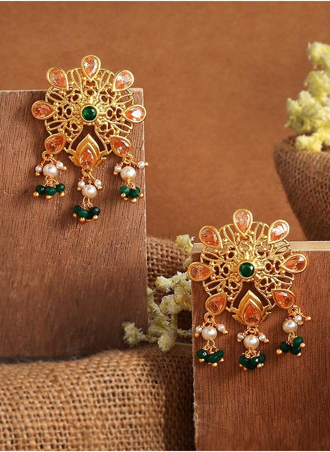 VOYLLA - Abharan Pink and Green Stones Floral Stud Earrings - Image 1