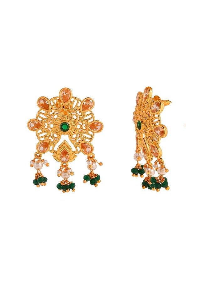 VOYLLA - Abharan Pink and Green Stones Floral Stud Earrings - Image 1
