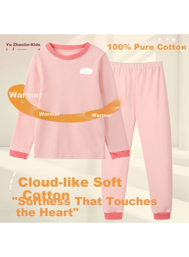 Yuzhaolin Kids 100% Cotton Homewear Soft Warm Underwear Set Pink 170 - Image 1