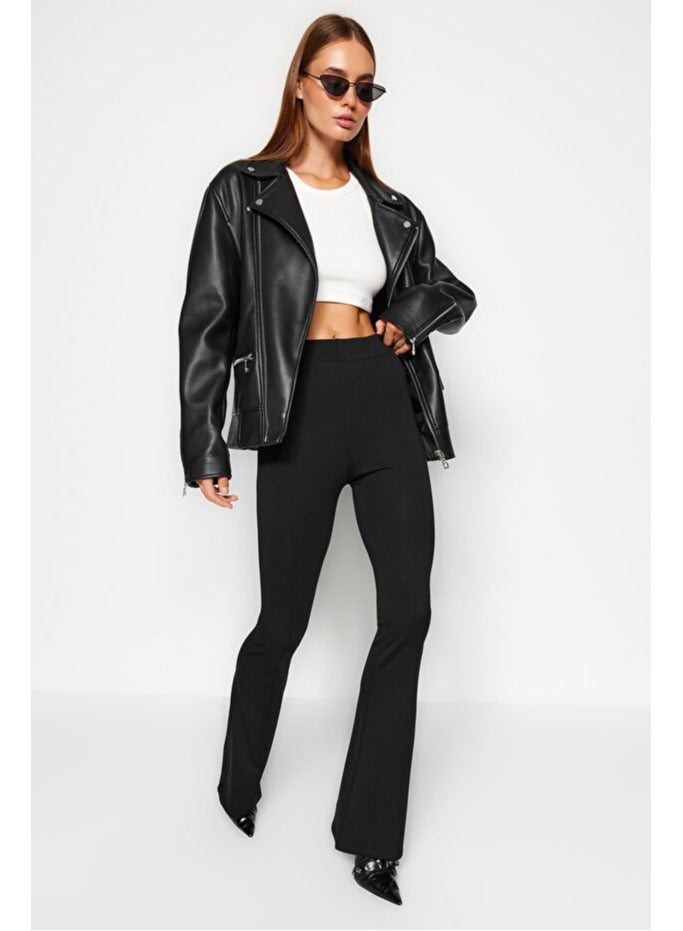 trendyol Black Elastic Waist, Ribbed Flare/Flare-Up High Waisted Knitted Leggings Trousers - Image 2