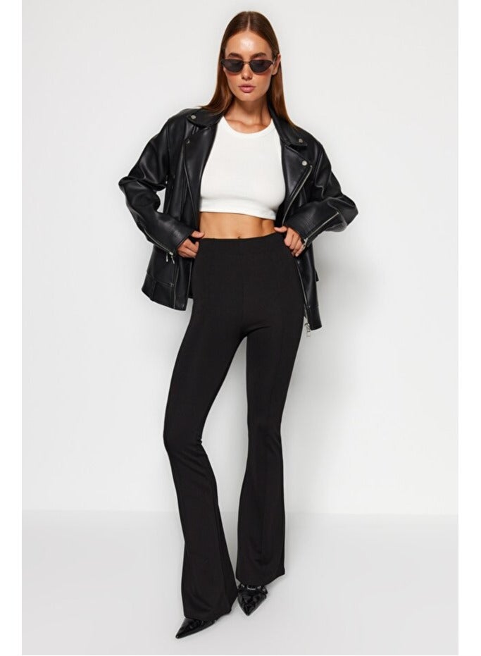 trendyol Black Elastic Waist, Ribbed Flare/Flare-Up High Waisted Knitted Leggings Trousers - Image 1