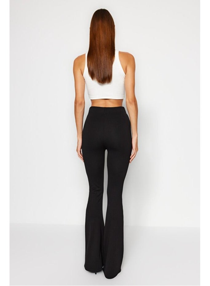 trendyol Black Elastic Waist, Ribbed Flare/Flare-Up High Waisted Knitted Leggings Trousers - Image 3