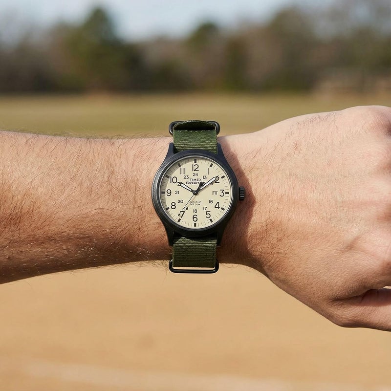 Timex Men's Expedition Scout 40mm Watch - Black Case with Cream Dial and Green Fabric Strap - Image 4