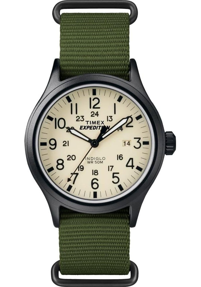 Timex Men's Expedition Scout 40mm Watch - Black Case with Cream Dial and Green Fabric Strap - Image 1