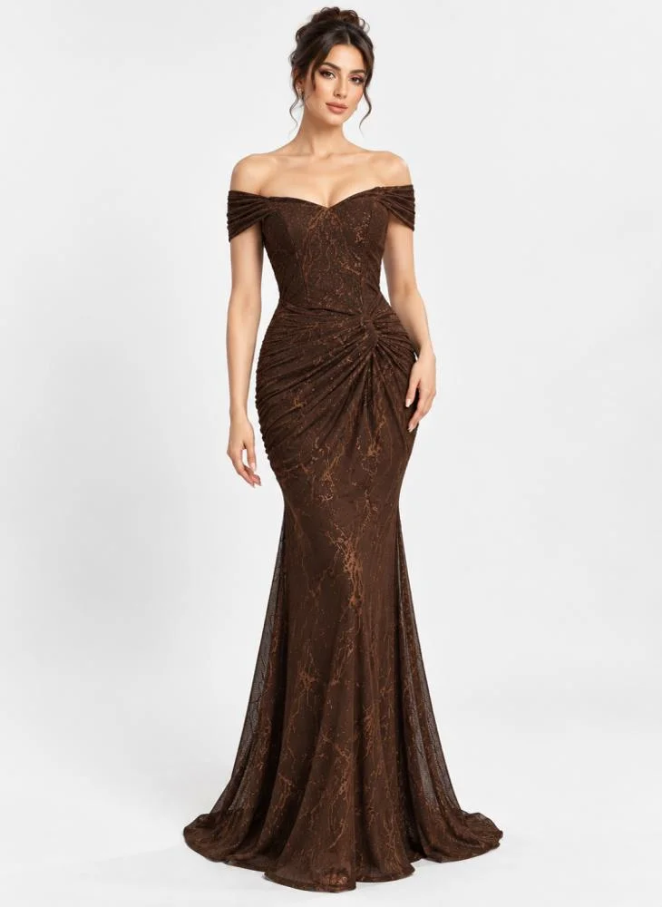Opera Fashion Mocha Embellished Tulle Mermaid Evening Dress