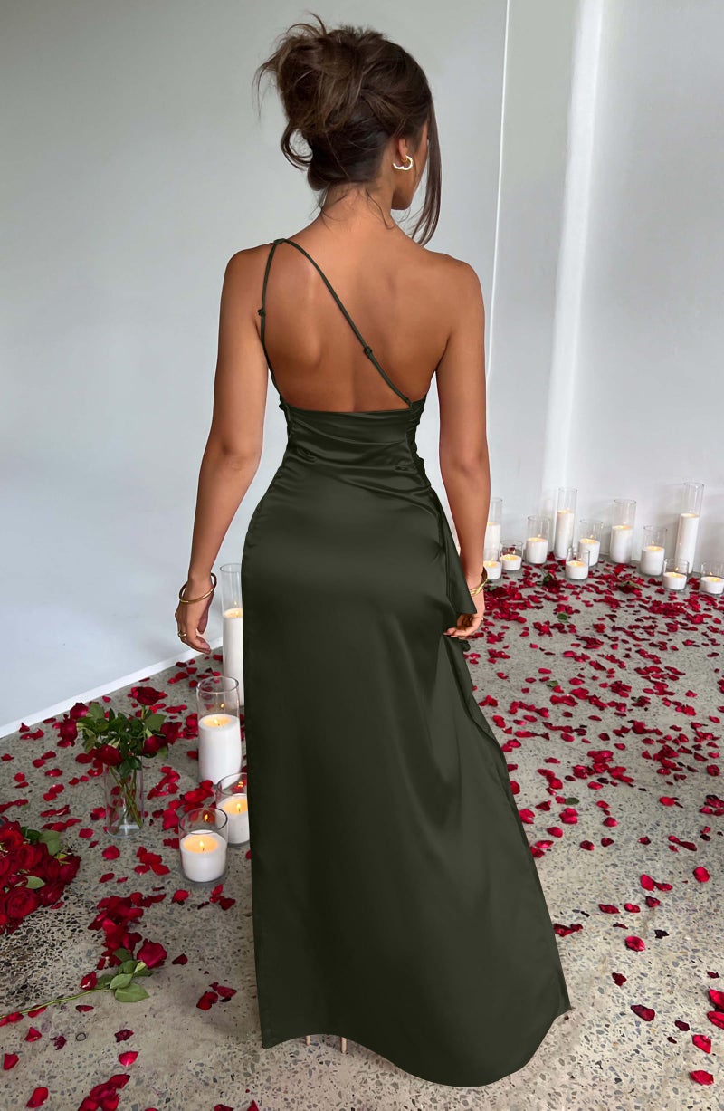 Memoriesea Women's Sexy One Shoulder Satin High Split Cocktail Wedding Party Maxi Dress Army Green - Image 5