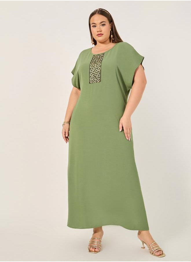 Styli Plus Size Embroidered Detail Short Sleeve Jalabiya  - Image 1