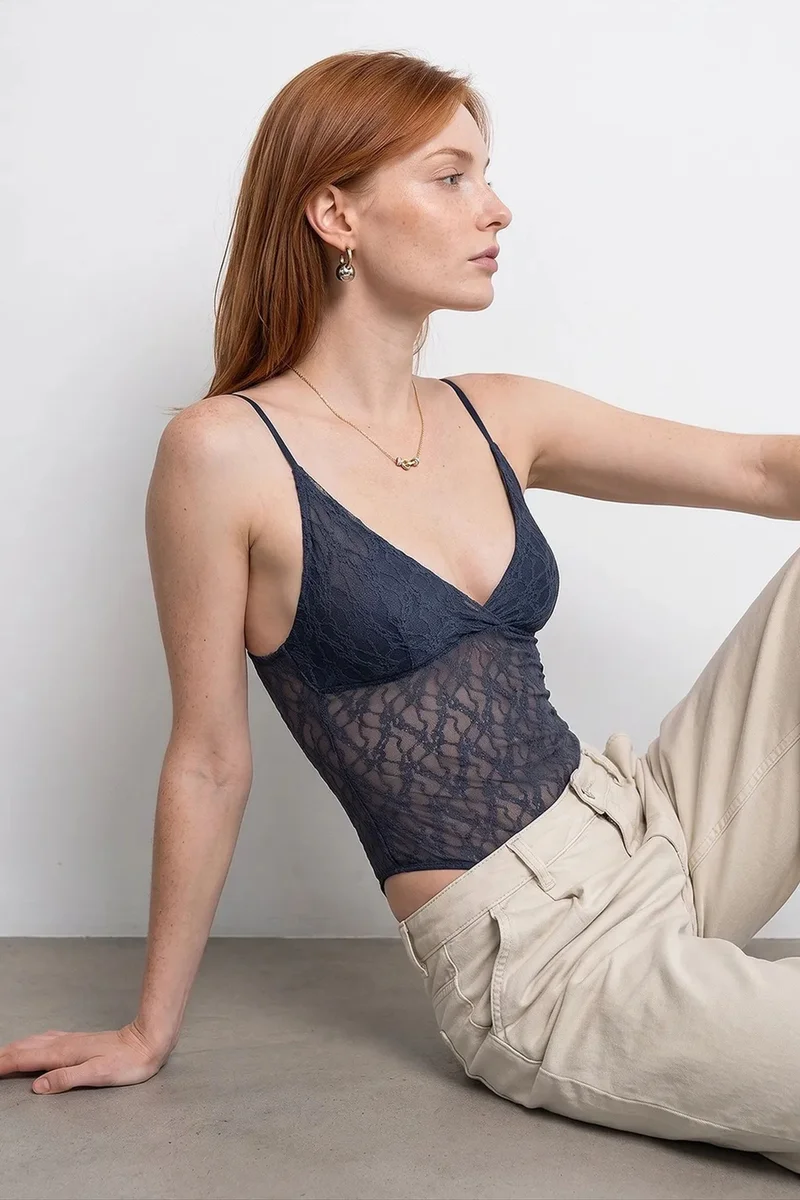 Dilvin Navy Blue DILVIN Lace Sleeveless Bodysuit Blouse for Women | Best Price UAE