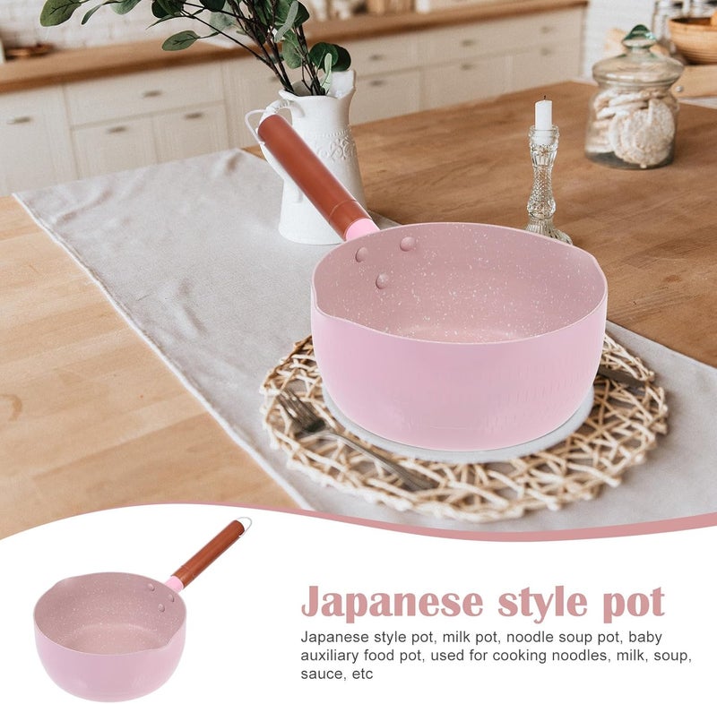 Uonlytech Japanese Style 18cm Maifan Stone Food Pot, Pink Aluminum Saucepan with Wooden Handle for Stove Top Cooking and Complementary Food Preparation - Image 3