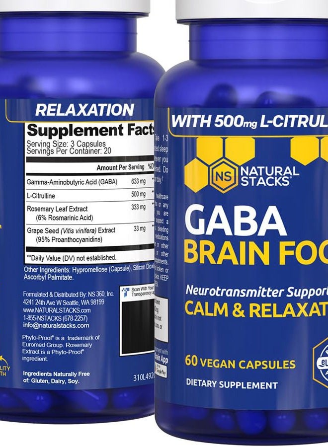 Natural Stacks GABA Brain Food - GABA Supplement with L-Citrulline & Grape Seed Extract - Supports Calm & Relaxation - Nighttime Sleep Aid - Supports Production of Gamma Aminobutyric Acid - 60 L-Citrulline Capsules - Image 1