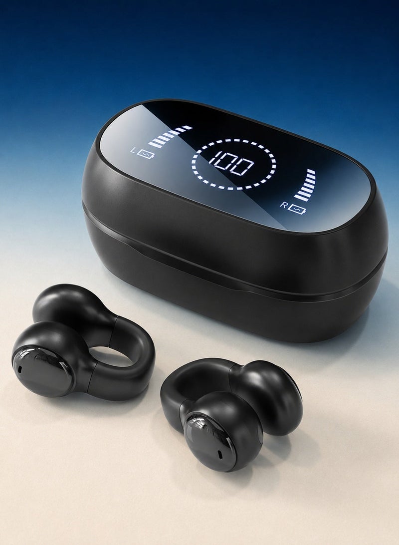 Open Ear Clip Wireless Earbuds, True Open Ear Headphones with Lightweight Comfort Fit, Noise Reduction Calls, LED Battery Display Charging Case, OWS Earphones for Sports, Running, Workout & Daily Use, Black - Image 1