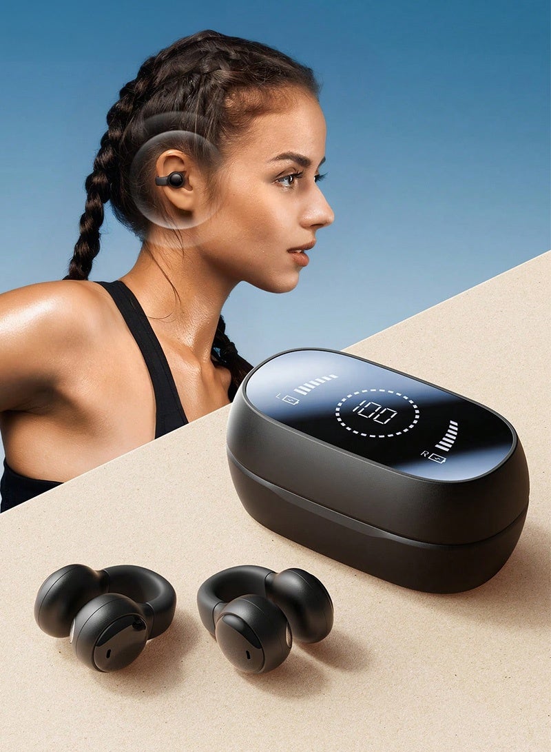 Open Ear Clip Wireless Earbuds, True Open Ear Headphones with Lightweight Comfort Fit, Noise Reduction Calls, LED Battery Display Charging Case, OWS Earphones for Sports, Running, Workout & Daily Use, Black - Image 2