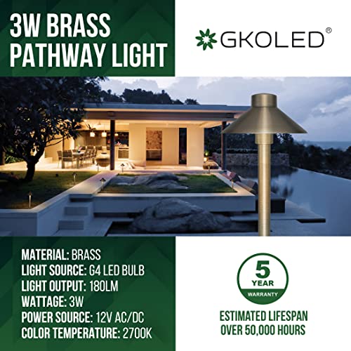 GKOLED Solid Brass Pathway Lights, Low Voltage LED Landscape Path Light, Outdoor Waterproof Accent Lighting, 12V AC/DC, 2700K Warm White, with 3W G4 LED Bulb & Large Rugged Slot Spike, 2 Pack - Image 2