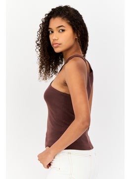 Collusion Women Crew Neck Sleeveless  Knitted Tank Top, Dark Brown  - Image 2