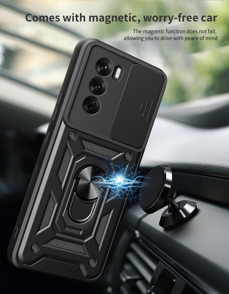 SPAZY CASE Plastic Oppo Reno 12 Pro 5G Back Cover | Thermoplastic Polyurethane Heavy Duty Hybrid Case with 360 Degree Rotating Finger Ring Holder + Slider Shutter Camera Protection Case- Blue - Image 3