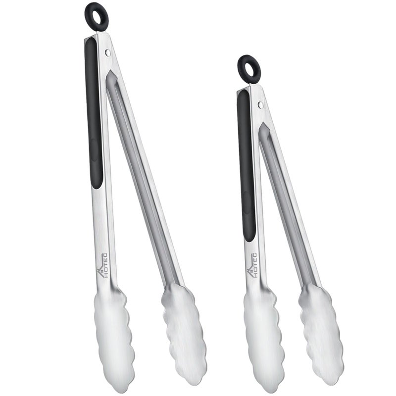 Hotec Stainless Steel Kitchen Tongs, Set of 2-9" and 12", Locking Metal Food Tongs for Cooking, Serving, BBQ, Grill Non-Slip Grip - Image 1