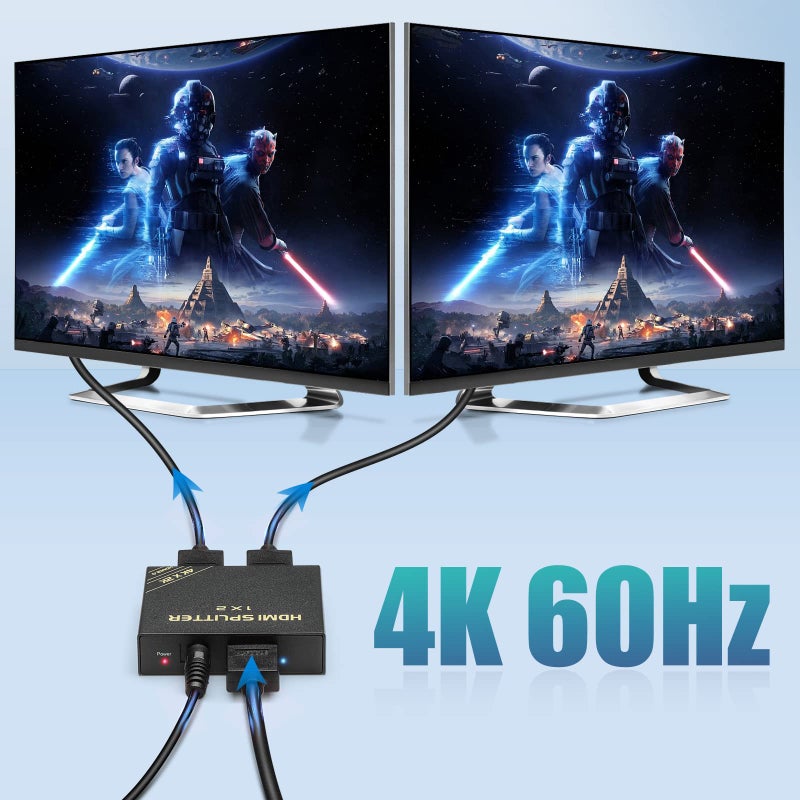 HBAVLINK HDMI Splitter 1 in 2 Out 60Hz - HDCP 2.3, HDR, Dolby Atmos/DTS5.1/7.1 - Compatible with Firestick 4k Max, PS3/PS5 & Elgato HD60s/x/Pro, Apple TV 4K, Retrotink, Roku soundbar, NOT for Phone - Image 2