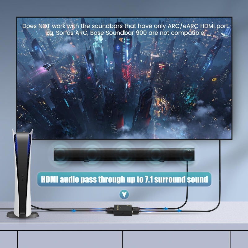 HBAVLINK HDMI Splitter 1 in 2 Out 60Hz - HDCP 2.3, HDR, Dolby Atmos/DTS5.1/7.1 - Compatible with Firestick 4k Max, PS3/PS5 & Elgato HD60s/x/Pro, Apple TV 4K, Retrotink, Roku soundbar, NOT for Phone - Image 3