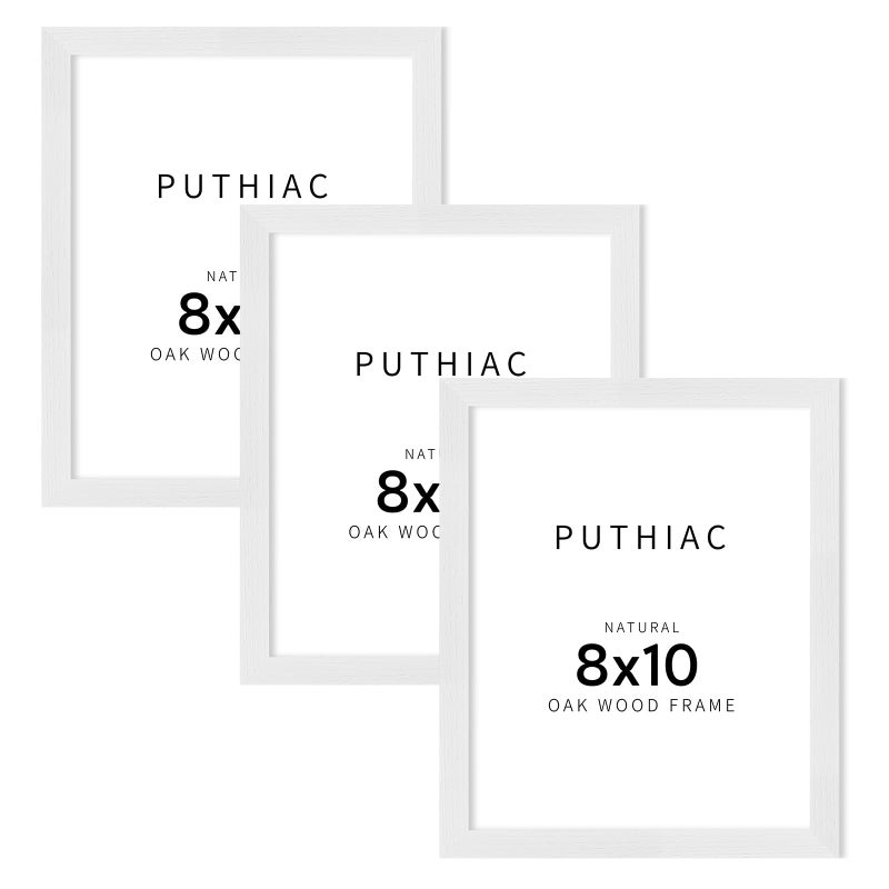 puthiac 8x10 White Oak Wood Picture Frame -8""x10"" Frame Wood  8""x10"" Natural Solid Wood Poster Frames for Wall Art Photo and Prints (3 Pack  White) - Image 1