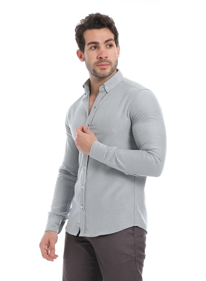 Andora Classic Heather Cotton Long Sleeve Shirt_Heather Light Grey - Image 2
