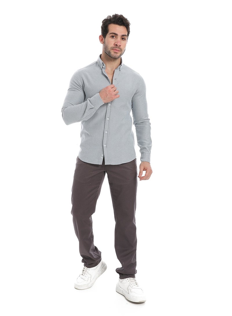 Andora Classic Heather Cotton Long Sleeve Shirt_Heather Light Grey - Image 5