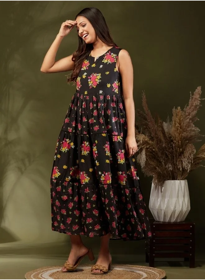 Abhishti Sleeveless floral printed tier dress- black