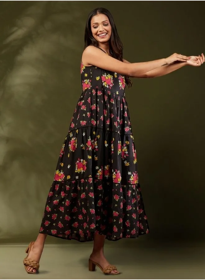 Abhishti Sleeveless floral printed tier dress- black