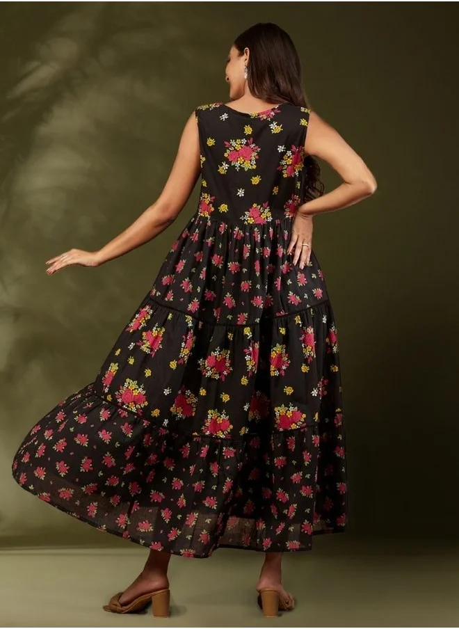 Abhishti Sleeveless floral printed tier dress- black