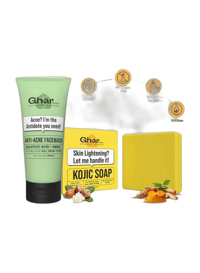 Ghar Soap 2% Anti-Acne Face Wash with Salicylic Acid & Neem | Natural & Herbal Cleanser for Acne-Prone Skin | Sulphate-Free Face Wash for Men & Women (100 ml) & GHAR SOAPS Kojic Acid 2 % Soap with Niacinamide Bundle - Image 1