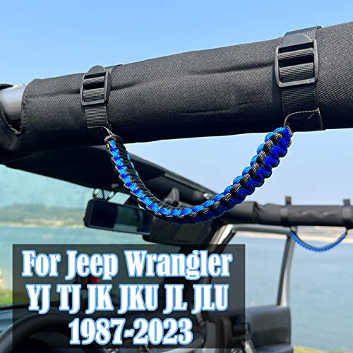 ROMASO Roll Bar Grab Handles for Jeep,Grip Handle for Jeep Wrangler YJ TJ JK JKU JL JLU,Paracord/250 Pounds Load,Black&Blue,Pack of 2 - Image 2
