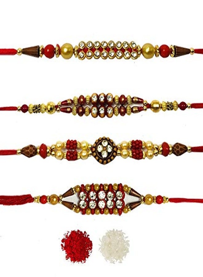 Evisha 4 pcs Beads And American Diamond Studded Rakhi Combo For Bhai Bhabhi Brother | | rakhi || rakhi set || rakhi for brother || rakhi for brother and bhabhi || rakhi combo || bhaiya bhabhi rakhi || rakhi gifts - Image 1