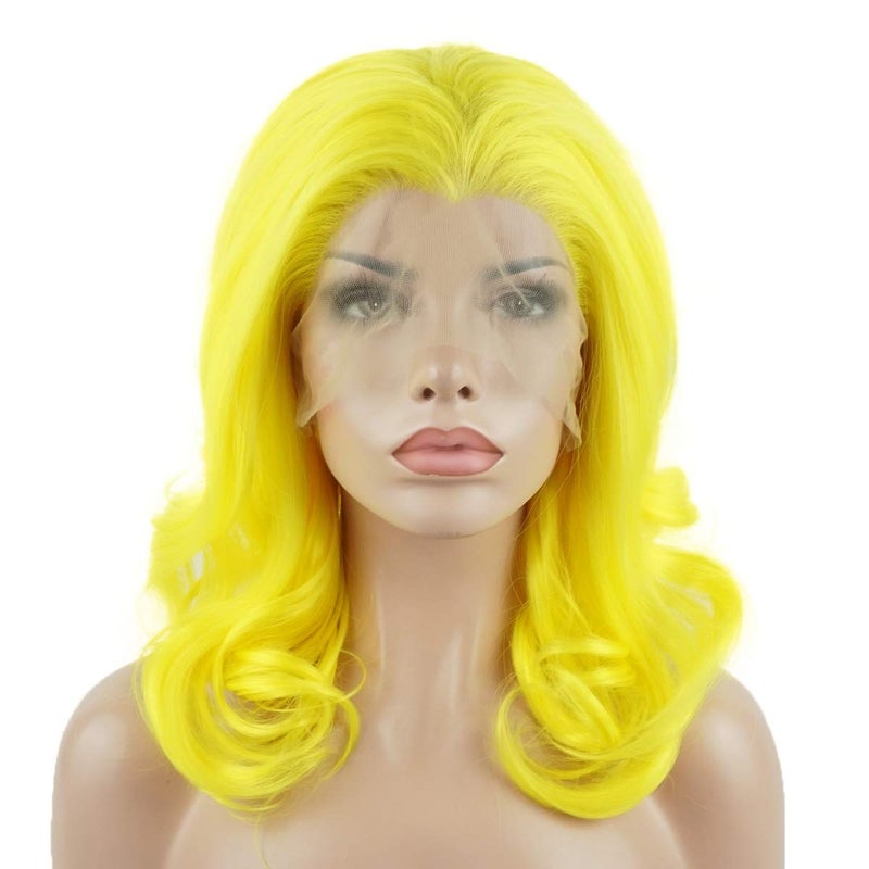 Lushy Hair Synthetic Lace Front Wig Wavy Shoulder Length 16inch Golden Heavy Density Realistic Wig