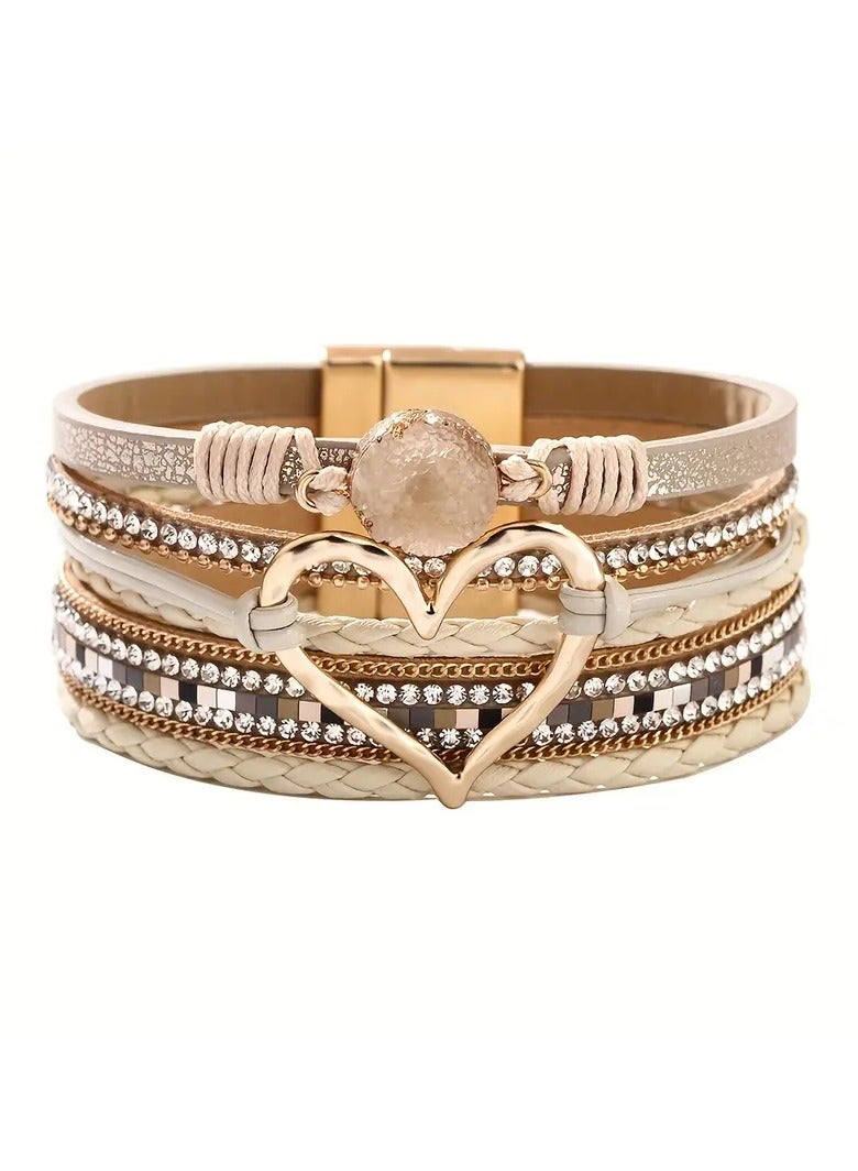 Goolsky سوار جلد متعدد الطبقات بتصميم بوهيمي مزين بقلب كبير ذهبي للنساء - Image 1