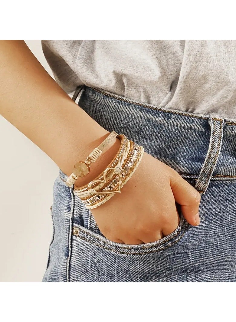 Goolsky سوار جلد متعدد الطبقات بتصميم بوهيمي مزين بقلب كبير ذهبي للنساء - Image 2