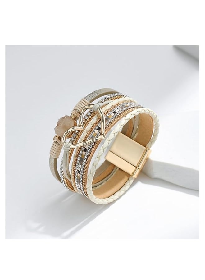 Goolsky سوار جلد متعدد الطبقات بتصميم بوهيمي مزين بقلب كبير ذهبي للنساء - Image 3