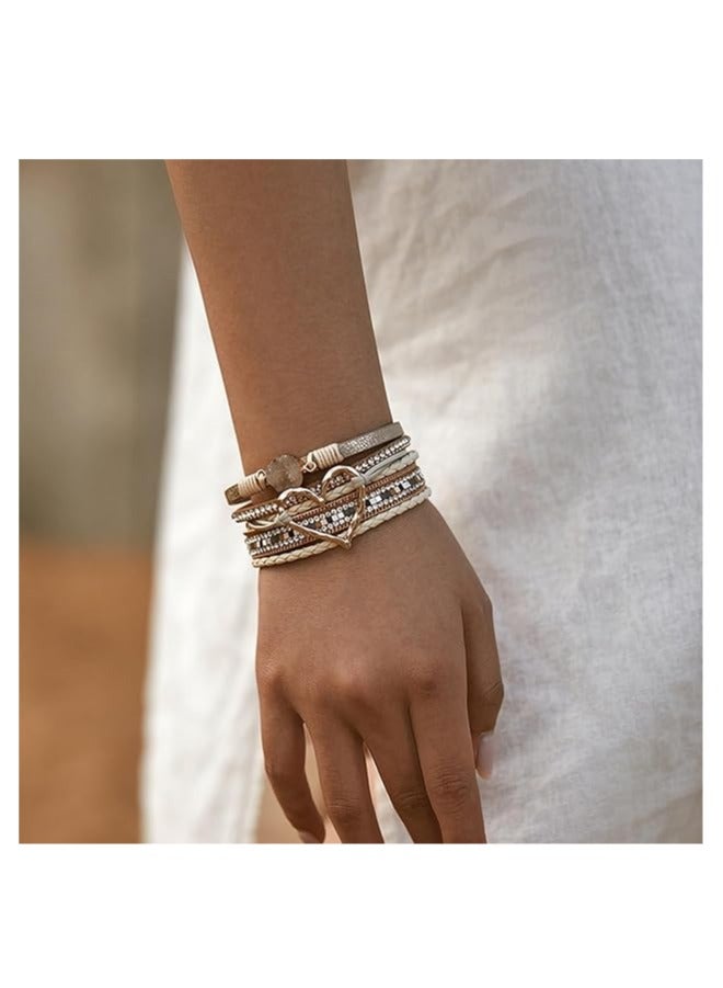 Goolsky سوار جلد متعدد الطبقات بتصميم بوهيمي مزين بقلب كبير ذهبي للنساء - Image 4