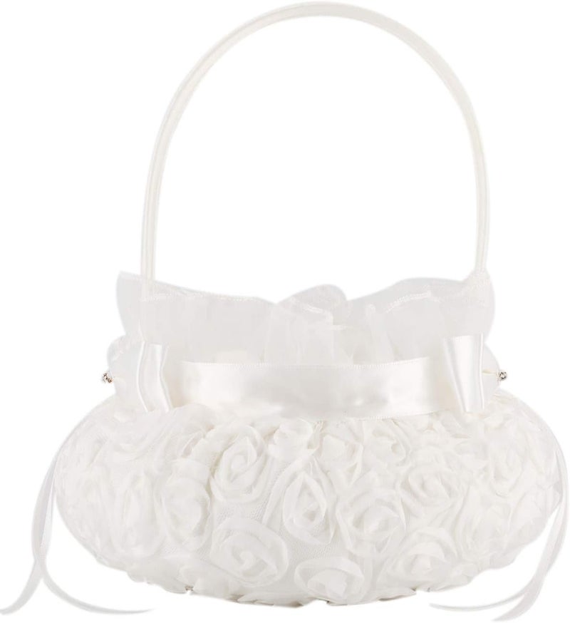 he andi Bowknot Silk Cloth Wedding Ceremony Party Rose Flower Girl Basket (White) (White, 5 inches) - Image 1