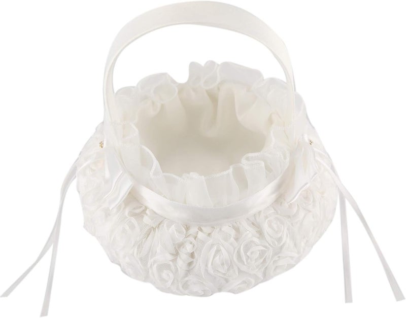 he andi Bowknot Silk Cloth Wedding Ceremony Party Rose Flower Girl Basket (White) (White, 5 inches) - Image 2