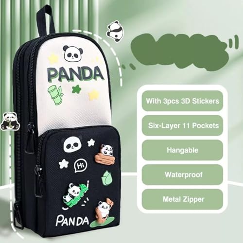 Parshya Canvas Kawaii Pencil Case 3 Compartment Cute Pencil Case for Girls Large Capacity Pen Pencil Pouch Smooth Zipper Multifunctional Stationery Organizer for School Office (HT BW Panda), Black - Image 3