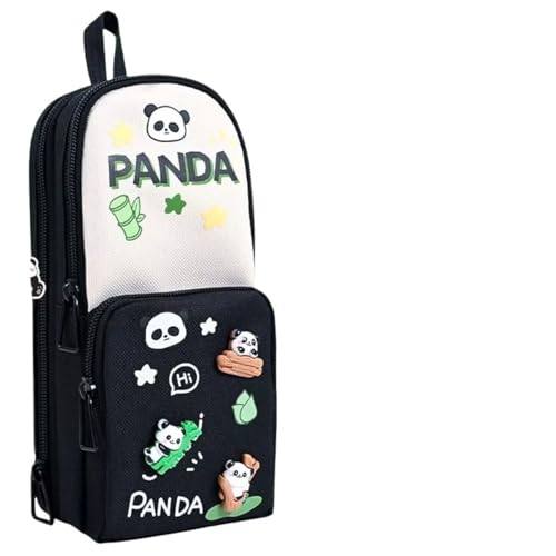 Parshya Canvas Kawaii Pencil Case 3 Compartment Cute Pencil Case for Girls Large Capacity Pen Pencil Pouch Smooth Zipper Multifunctional Stationery Organizer for School Office (HT BW Panda), Black - Image 1