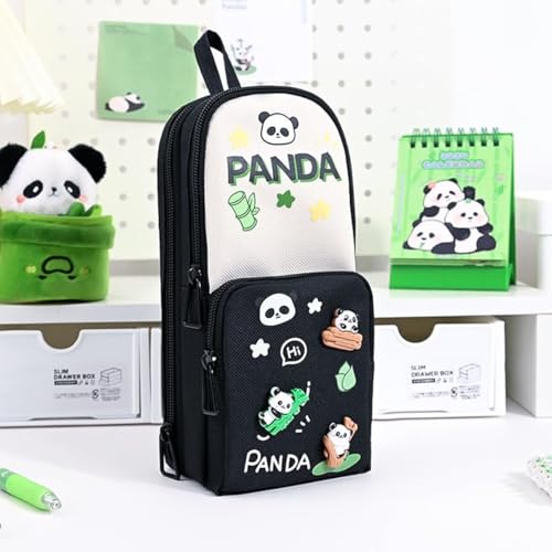 Parshya Canvas Kawaii Pencil Case 3 Compartment Cute Pencil Case for Girls Large Capacity Pen Pencil Pouch Smooth Zipper Multifunctional Stationery Organizer for School Office (HT BW Panda), Black - Image 2